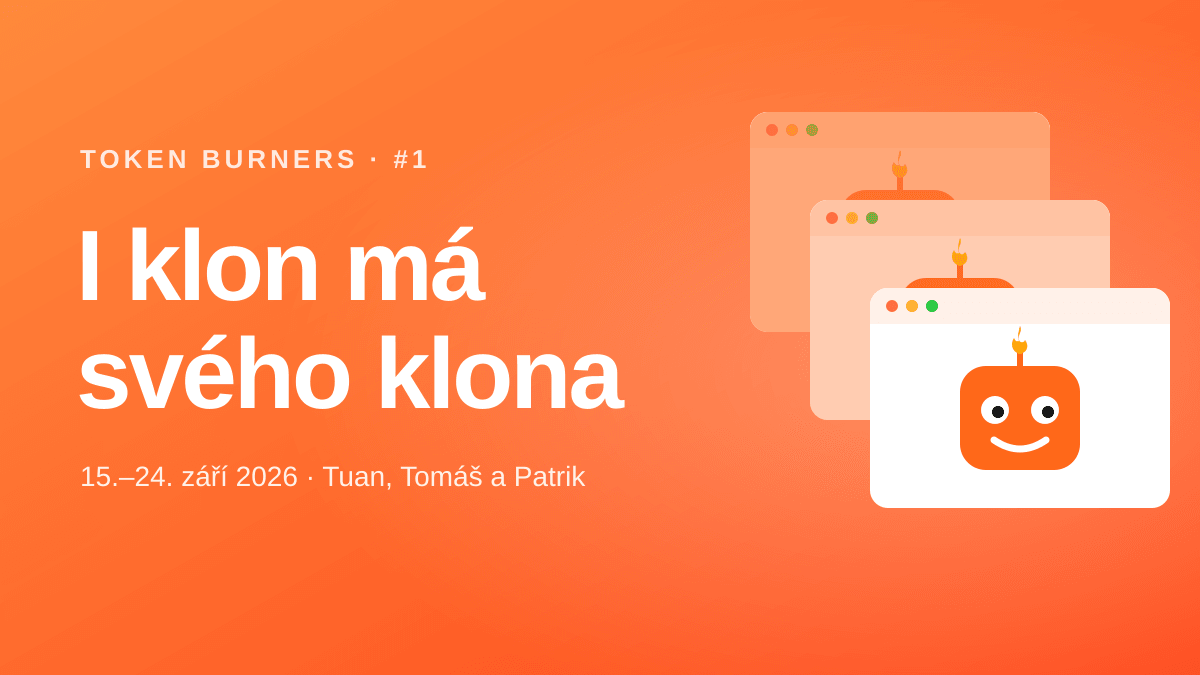 Tři stejná okna s oranžovým robotem, každé o kus dál. Klon klonu klonu.